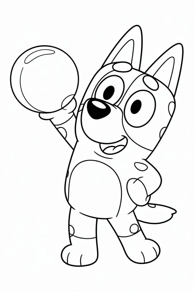 Bluey che alza un pallone, disegno da colorare per bambini