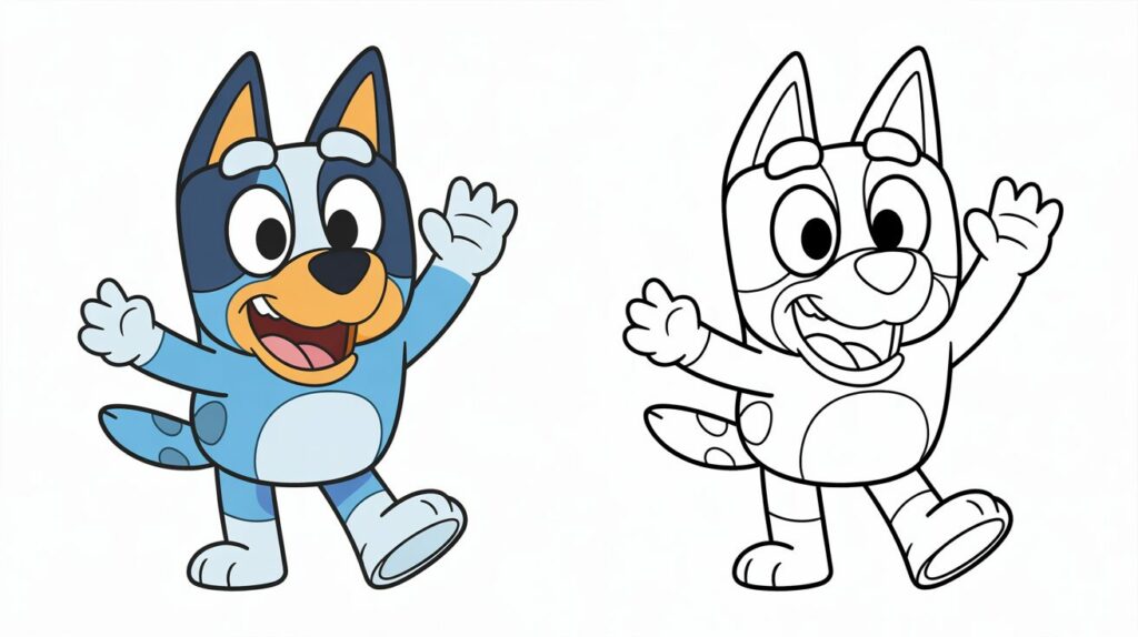 Bluey che salta felice – immagine a colori accanto alla versione da colorare