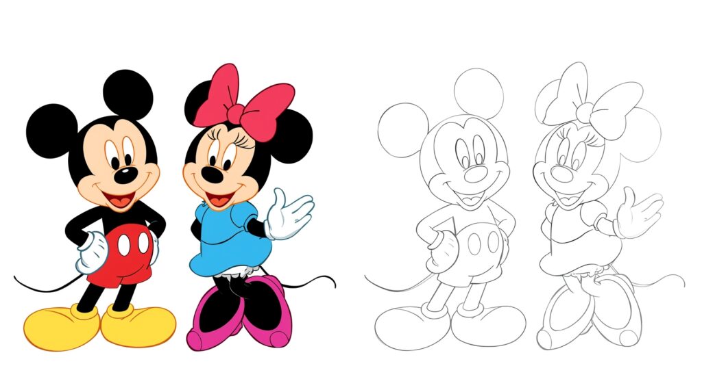 Mickey e Minnie che ballano – immagine doppia con colore e disegno da colorare