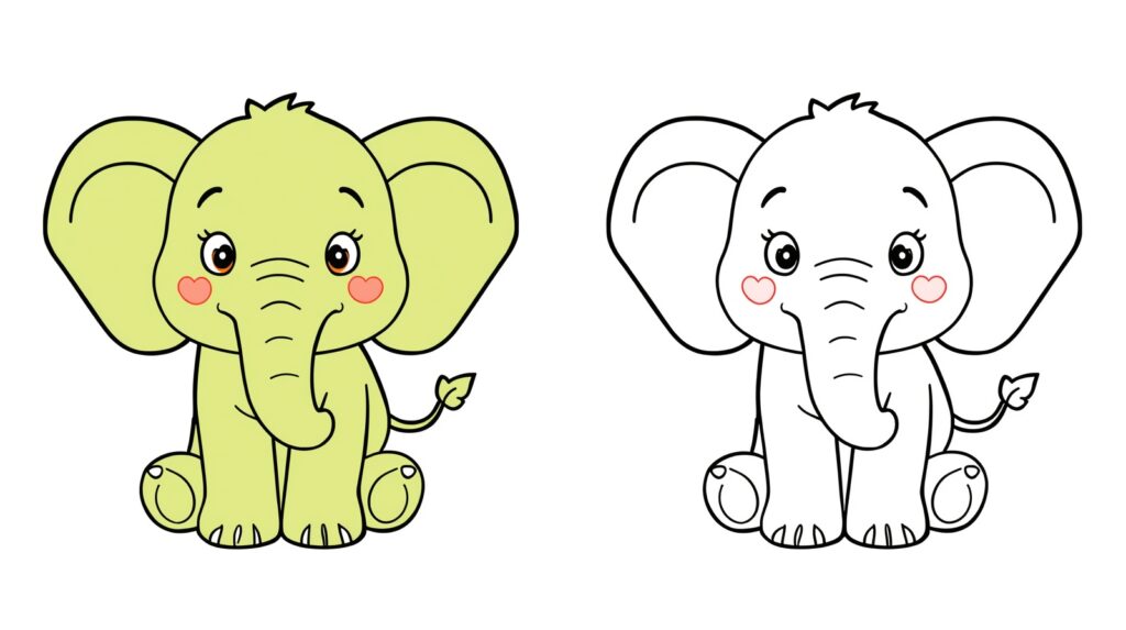 Disegno di un elefante verde con guance rosa e la versione identica in bianco e nero da colorare