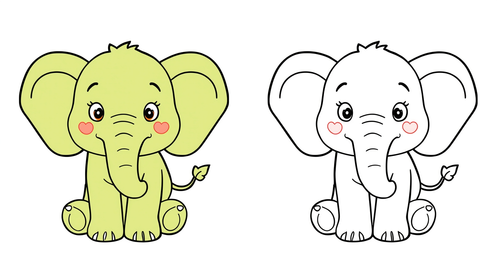 Disegno di un elefante verde con guance rosa e la versione identica in bianco e nero da colorare