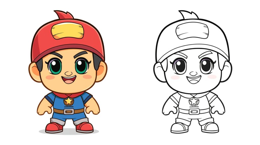 Personaggio di Brawl Stars in versione colorata e da colorare, ideale per bambini
