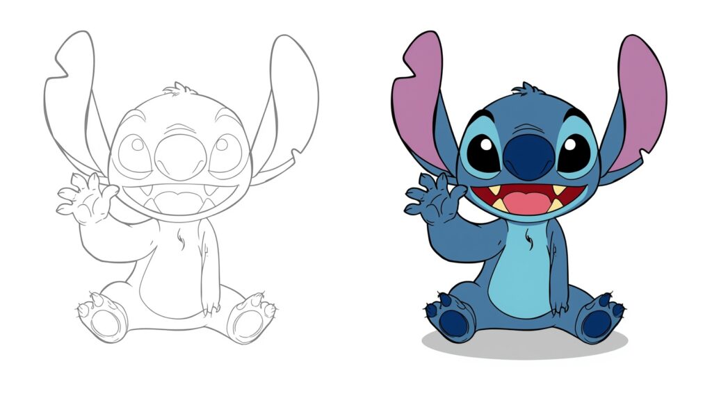 Pagina da colorare di Stitch mentre saluta, con immagine colorata di riferimento.