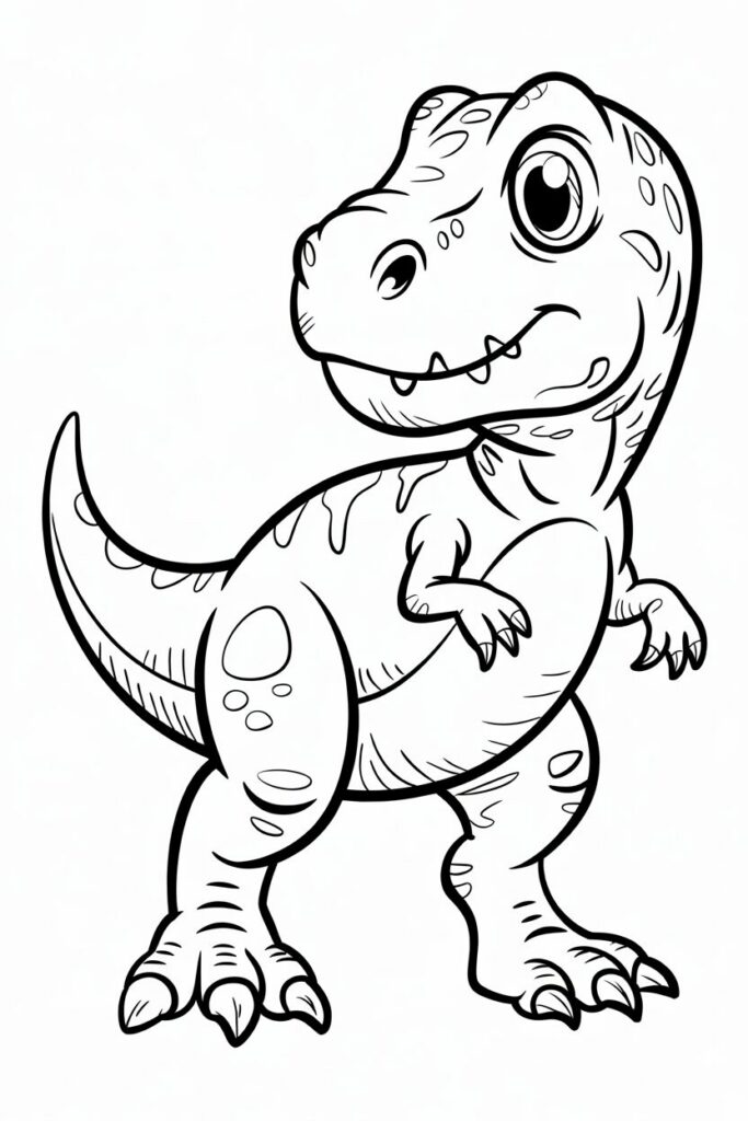 Disegno di un dinosauro carino con dettagli sulle zampe e sulla coda, stile line art, perfetto per attività di colorazione.