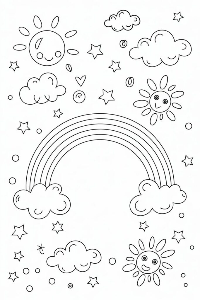 Arcobaleno da colorare con sole, stelle e nuvole carine