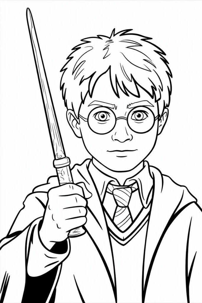 Disegno di Harry Potter con bacchetta alzata, pagina da colorare per bambini