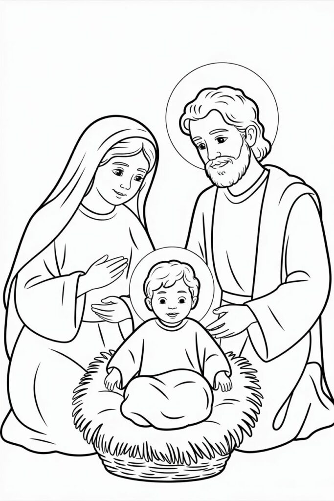 Disegno della Sacra Famiglia nel presepe da colorare