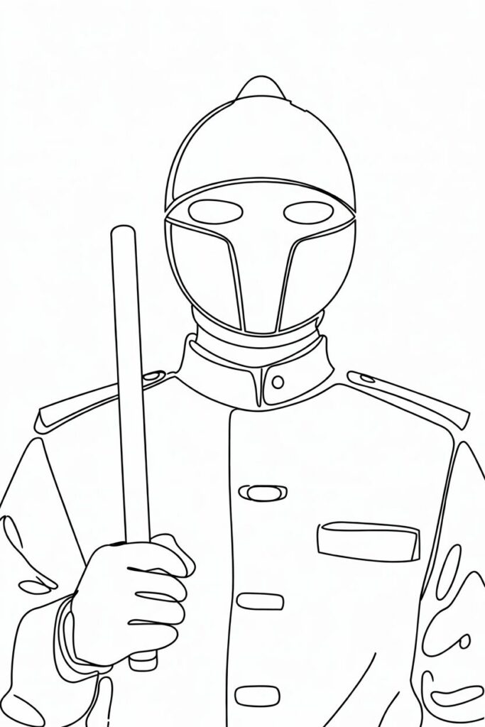 Illustrazione in bianco e nero di una guardia Squid Game che tiene un bastone