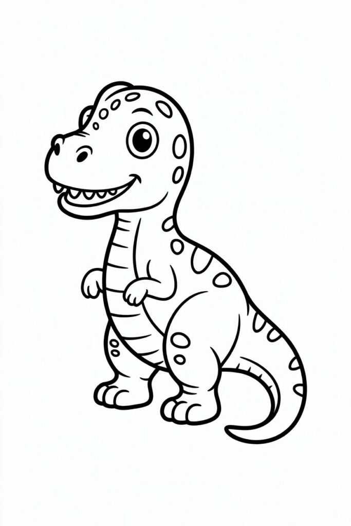 Illustrazione di un cucciolo di dinosauro sorridente, semplice e adorabile, ideale per pagina da colorare per bambini.