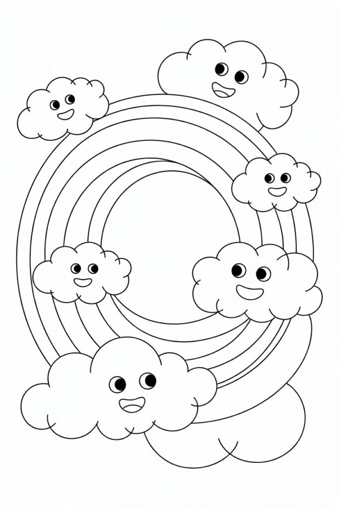 Arcobaleno da colorare con nuvole sorridenti per bambini