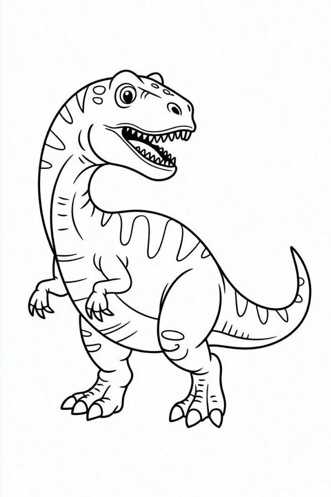 Disegno di un dinosauro feroce in stile line art, con dettagli sul corpo e cặp răng sắc nhọn, perfetto per bambini da colorare.