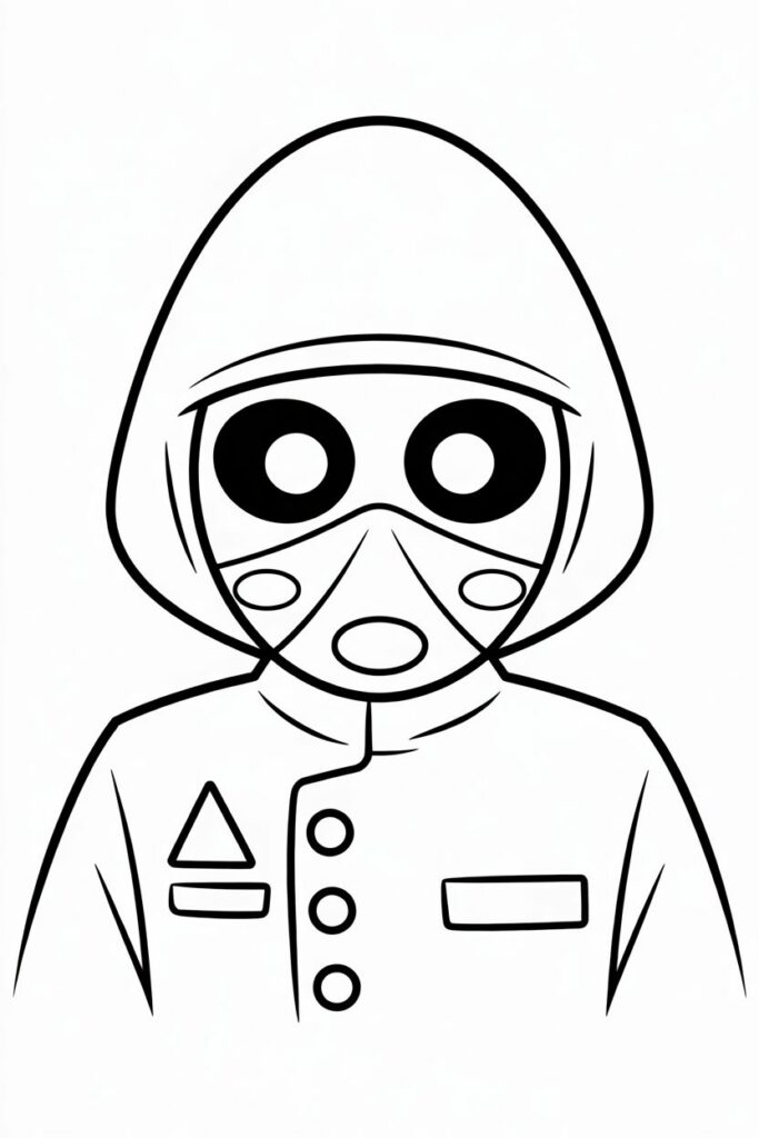 Disegno da colorare di una guardia Squid Game con cappuccio e maschera ovale