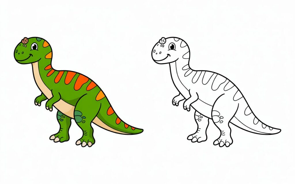 Illustrazione di dinosauro con fiocco, una versione colorata e una versione in bianco e nero da colorare