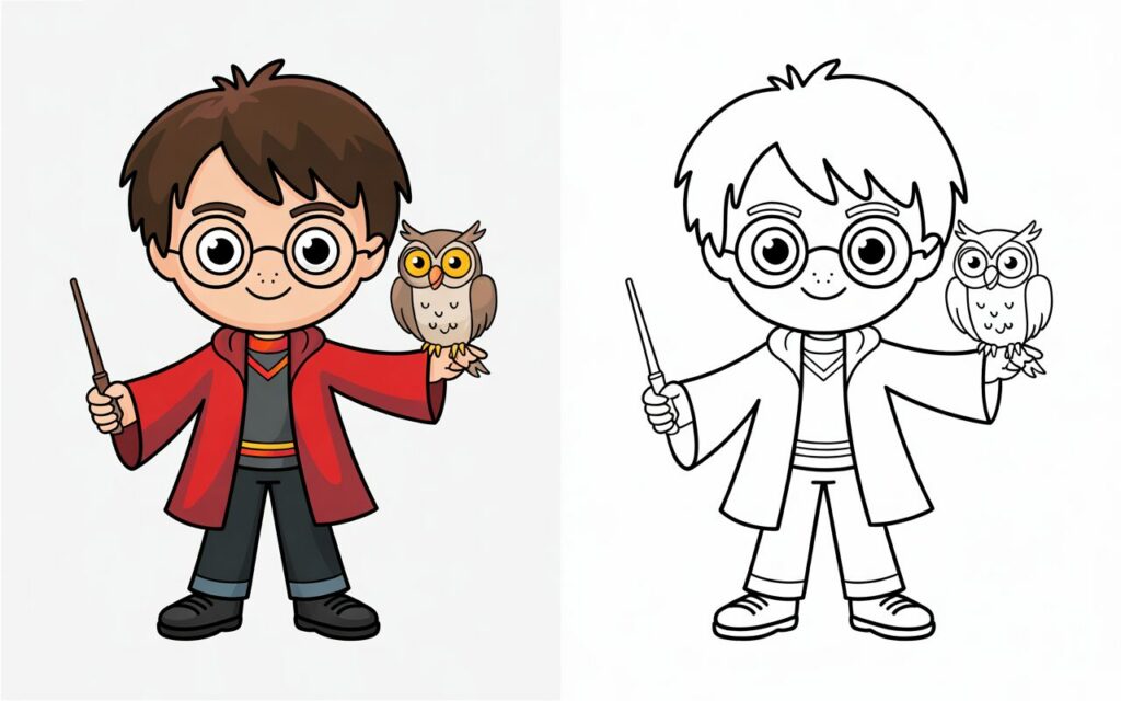 Illustrazione di Harry Potter che tiene Hedwig sulla mano, versione colorata e da colorare