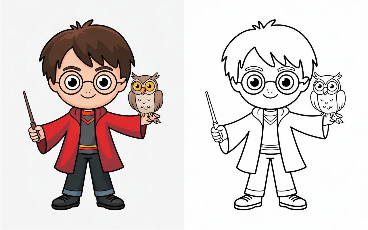 Illustrazione di Harry Potter che tiene Hedwig sulla mano, versione colorata e da colorare