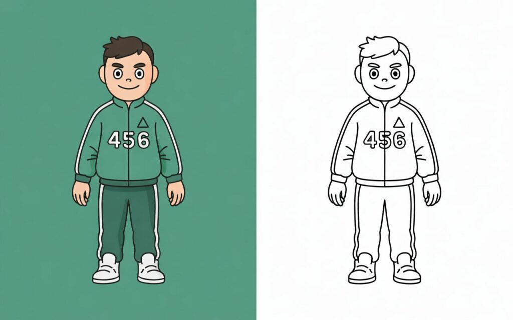 Giocatore 456 in tuta verde, versione a colori accanto alla versione da colorare