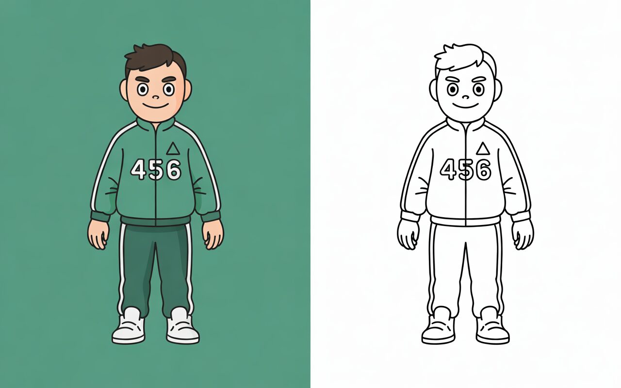 Giocatore 456 in tuta verde, versione a colori accanto alla versione da colorare