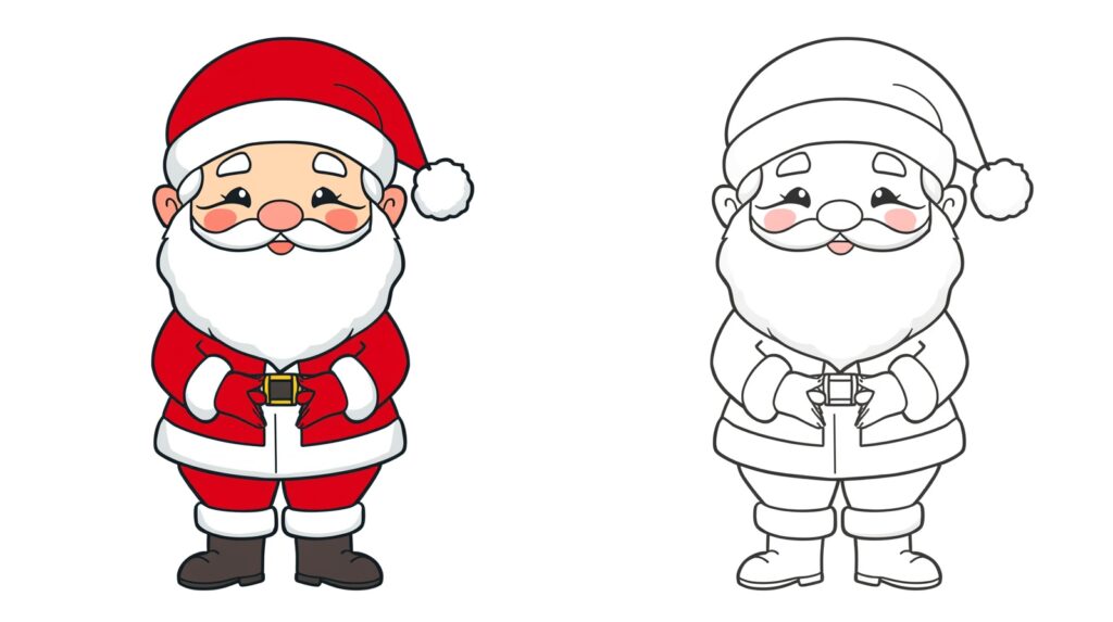 Illustrazione di Babbo Natale con un piccolo regalo, immagine colorata a sinistra e versione da colorare a destra.