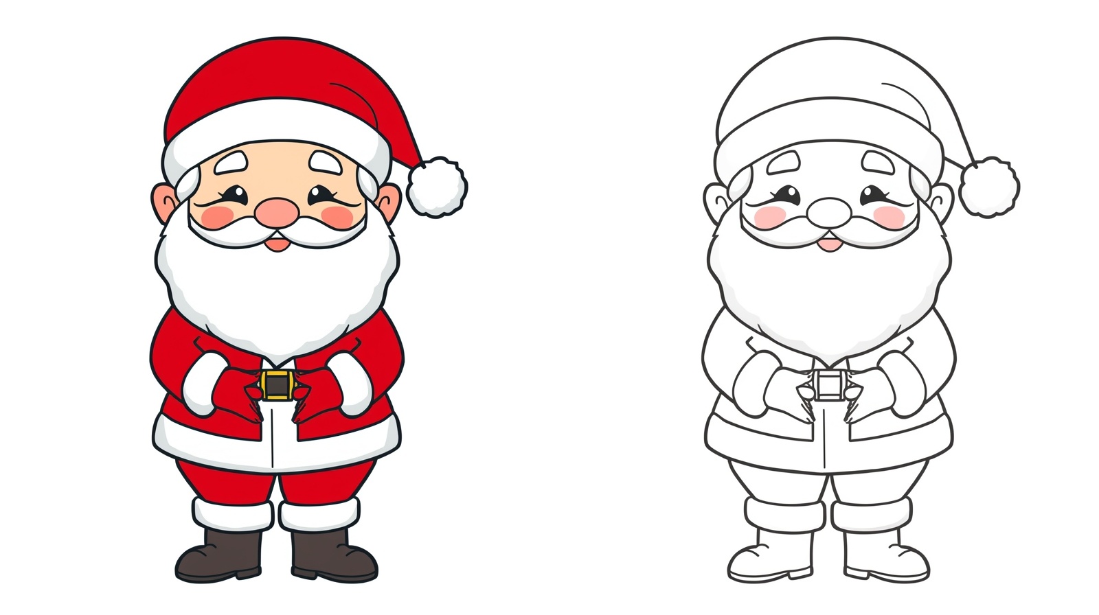 Illustrazione di Babbo Natale con un piccolo regalo, immagine colorata a sinistra e versione da colorare a destra.