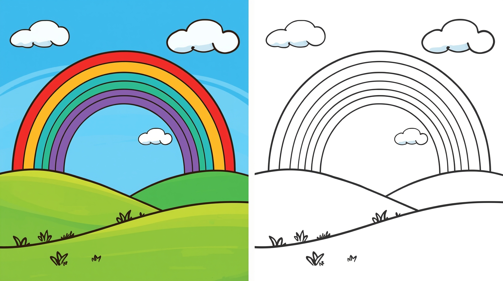 Disegno da colorare con arcobaleno sulle colline